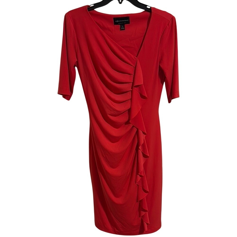 Connected Apparel Red Ruffle Sheath Dress Asymmetrical Ruched Elbow Sleeve 6
